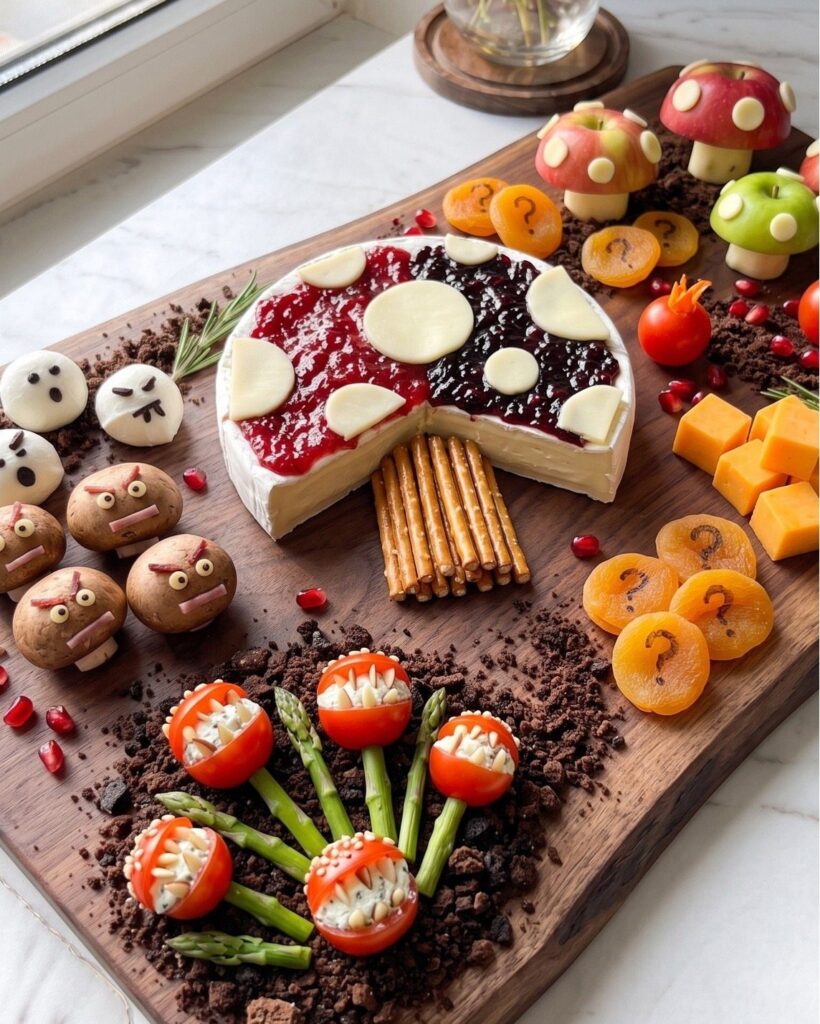 Themed charcuterie board with cheese, fruits, and vegetables shaped like video game characters.