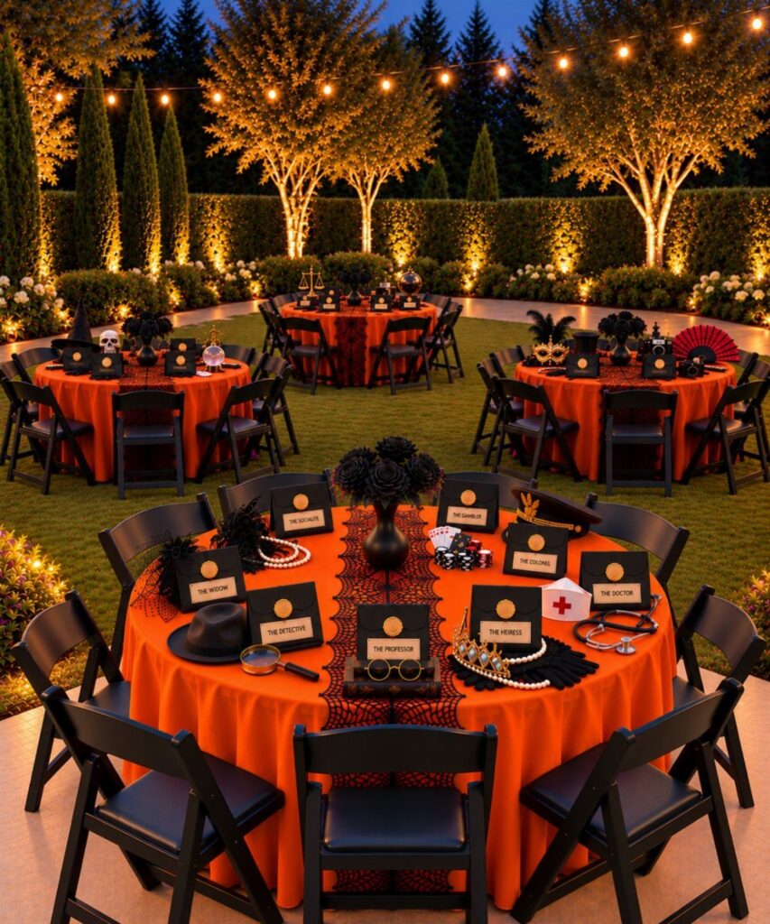 Outdoor party tables with orange cloths and murder mystery props in a garden.