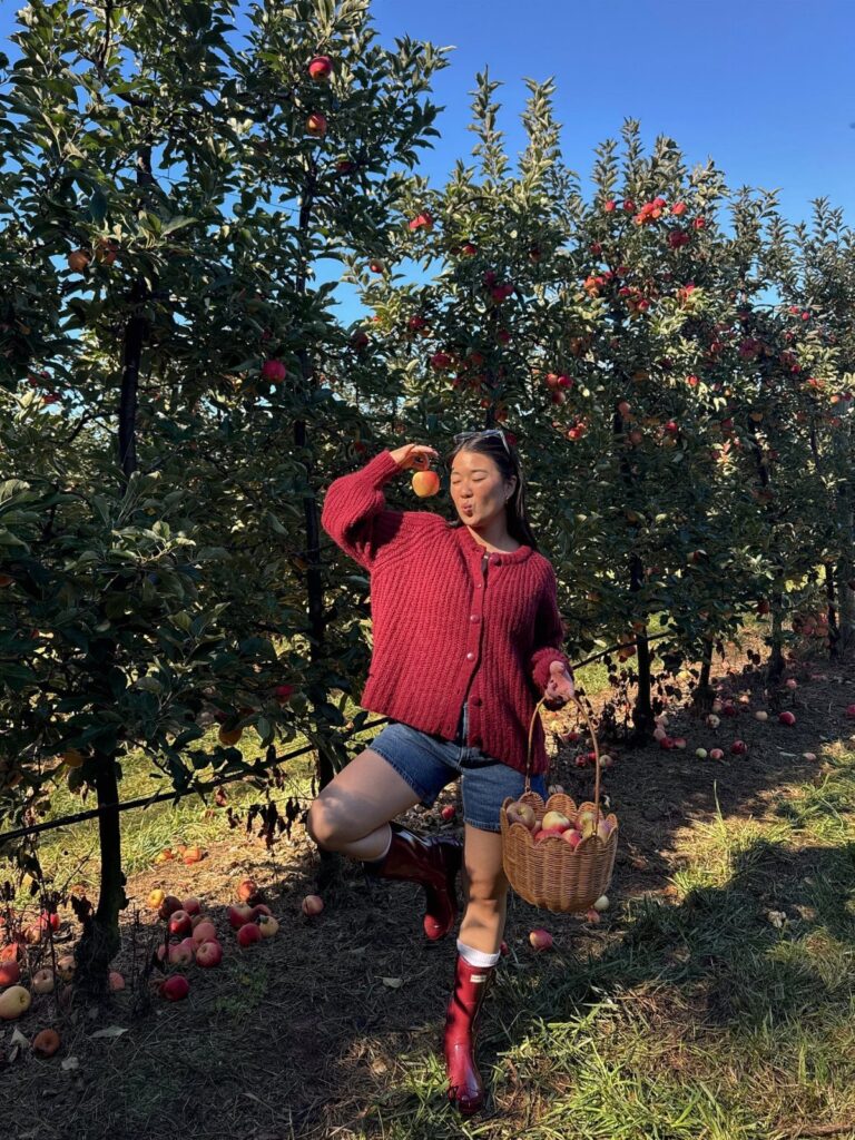 Woman in red cardigan picking apples in an orchard with a wicker basket.