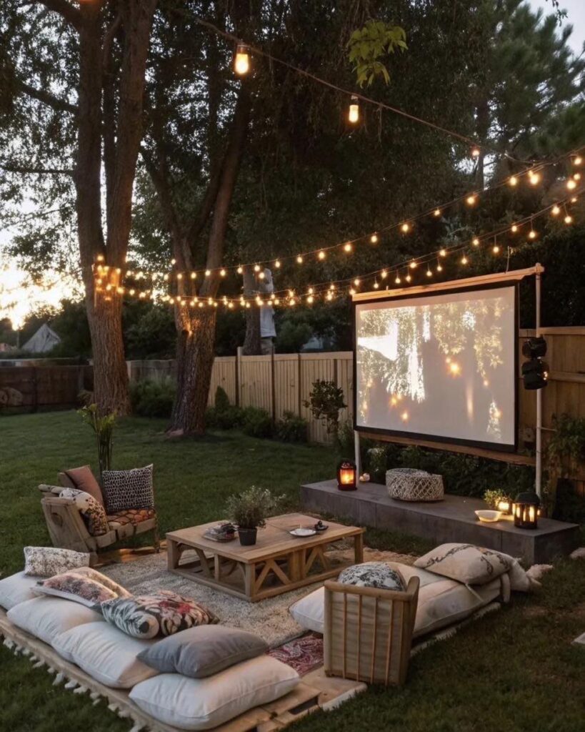 Outdoor movie screen in a backyard with string lights, cushions, and lanterns.