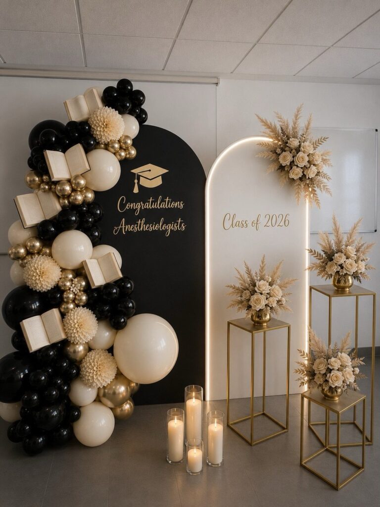 Graduation party decorations with black and white balloons, gold pedestals, and floral arrangements.