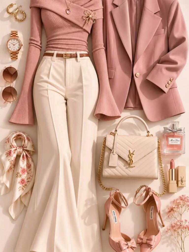 Soft pink blazer and ribbed top with cream flared trousers and matching accessories.