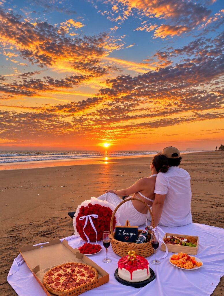 Couple enjoying a romantic beach picnic with pizza and cake during a sunset.