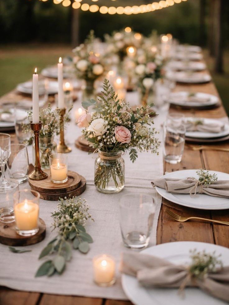 Wedding table setting with white plates, floral centerpieces, and candles on wooden table.